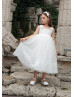 Square Neck Ivory Lace Tulle Tea Length Flower Girl Dress